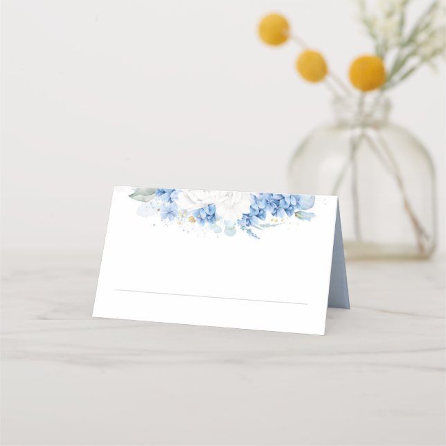 Dusty Blue and White Flowers Wedding Place Card (Front)