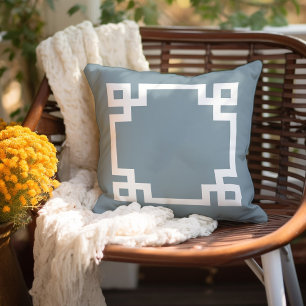 Dusty Blue and White Greek Key   Editable Colours Cushion