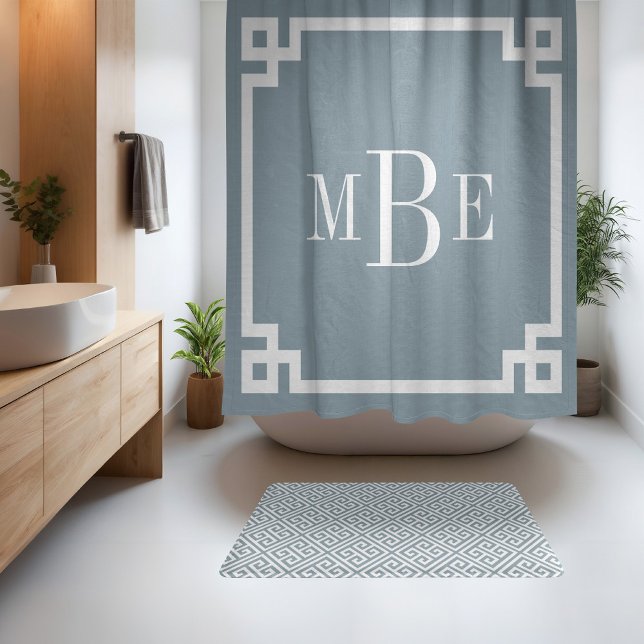 Dusty Blue and White Greek Key | Monogrammed Shower Curtain (Creator Uploaded)