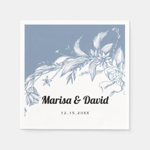 Dusty blue and white line art flowers wedding napkin