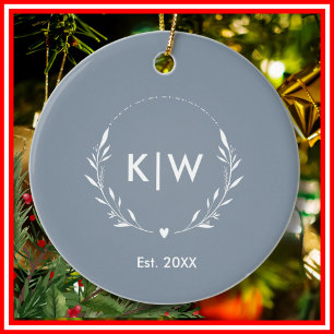 Dusty Blue and White   Modern Initials Monogram Ceramic Ornament