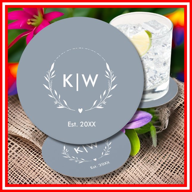Dusty Blue  and White | Modern Initials Monogram Round Paper Coaster (Dusty Blue and White | Modern Initials Monogram Round Paper Coaster)