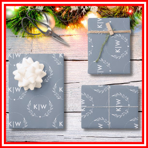 Dusty Blue and White   Modern Initials Monogram  Wrapping Paper Sheet