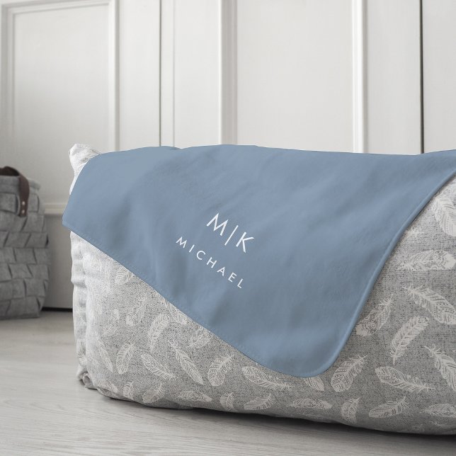 Dusty Blue and White | Modern Monogram Fleece Blanket (Creator Uploaded)