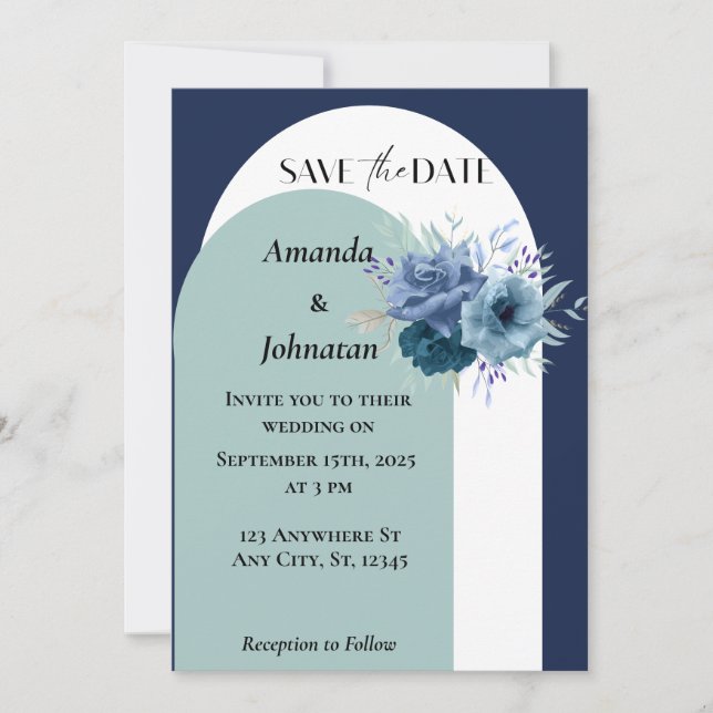 Dusty Blue and White Monogram Floral Wedding Invitation (Front)
