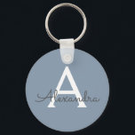 Dusty Blue and White Monogrammed Key Ring<br><div class="desc">Dusty Blue and White Elegant Keychain. These Keychains can be customized to include your initial and first name and are a perfect bridal shower,  bachelorette party or birthday party favor.</div>
