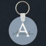 Dusty Blue and White Monogrammed Key Ring<br><div class="desc">Dusty Blue and White Elegant Keychain. These Keychains can be customized to include your initial and first name and are a perfect bridal shower,  bachelorette party or birthday party favor.</div>