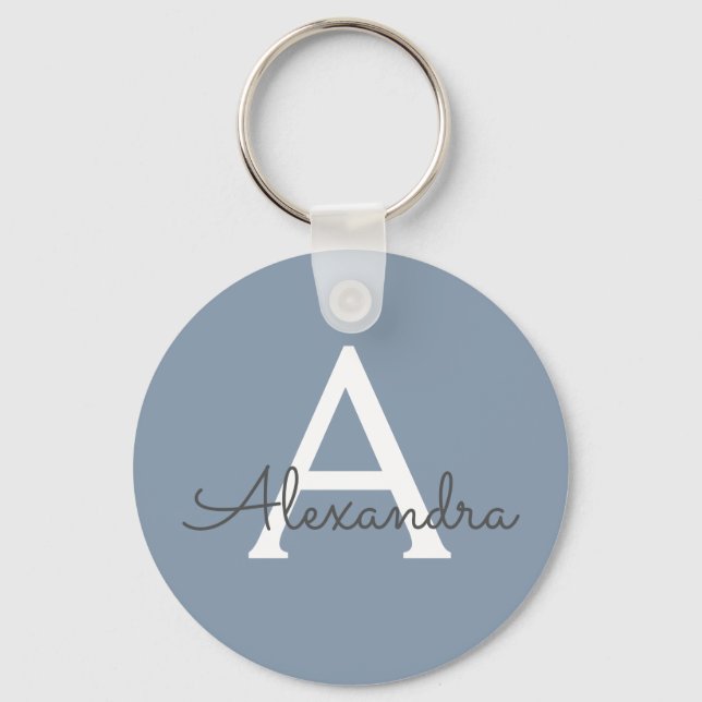Dusty Blue and White Monogrammed Key Ring (Front)