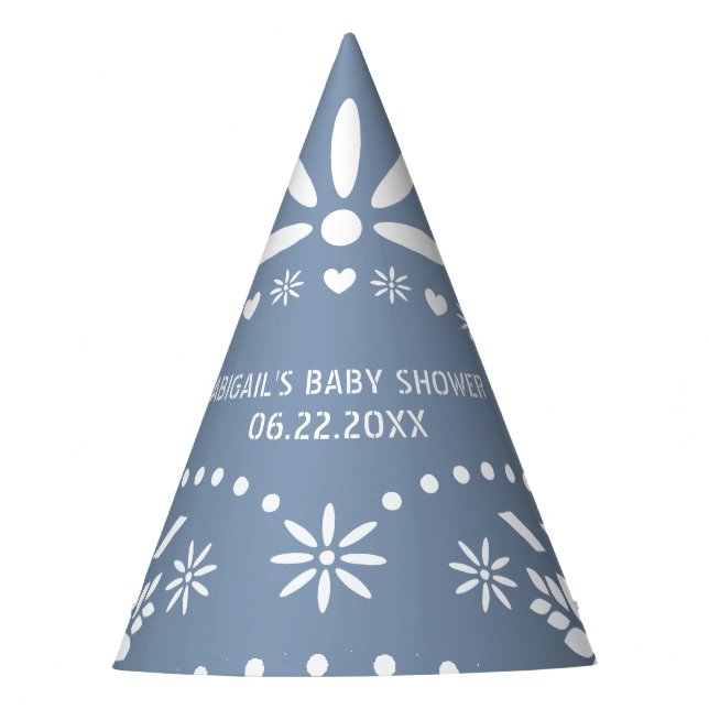 Dusty blue and white papel picado baby boy shower party hat (Front)