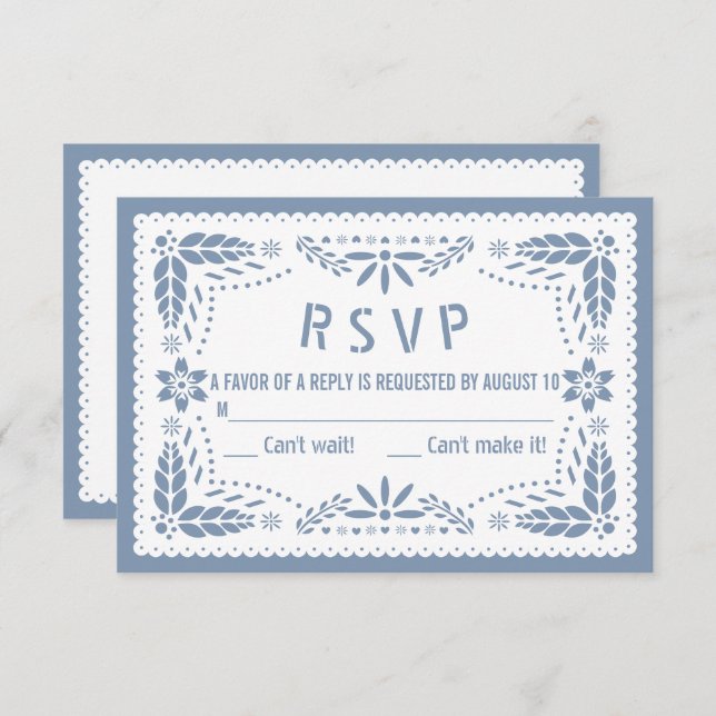 Dusty blue and white papel picado baby boy shower RSVP card (Front/Back)