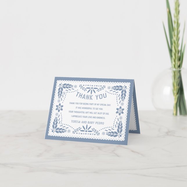 Dusty blue and white papel picado Baby boy Shower Thank You Card (Front)
