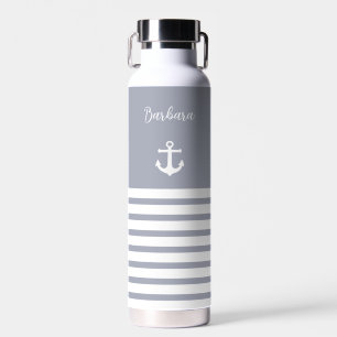Dusty Blue and White Stripes Nautical Personalised Water Bottle