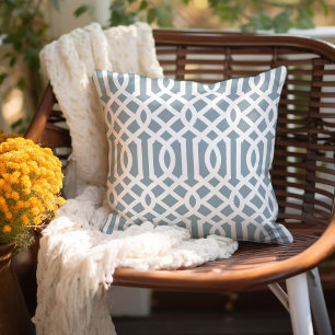 Dusty Blue and White Trellis Pattern Cushion