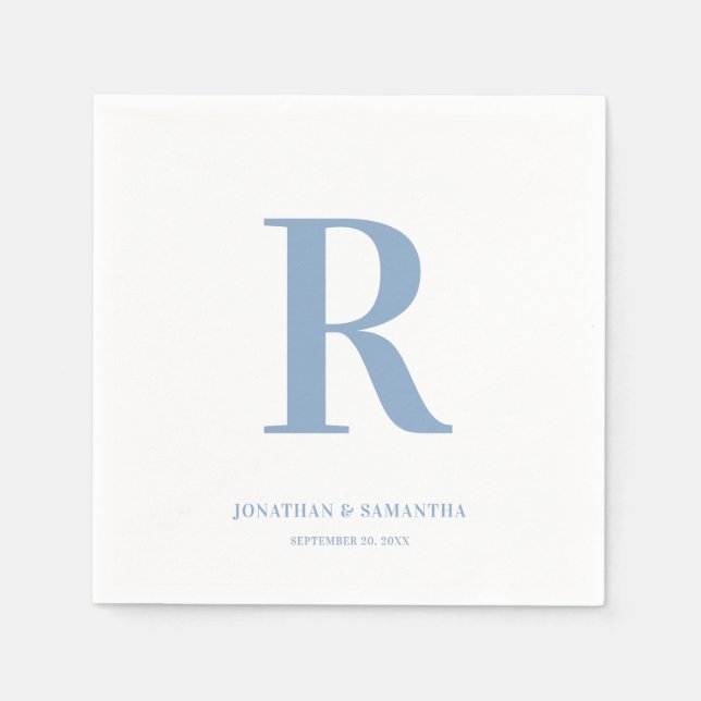 Dusty Blue and White Wedding Monogram Modern Napkin (Front)