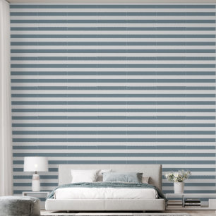 Dusty Blue and White Wide Horizontal Stripes Wallpaper