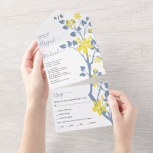 Dusty blue and yellow branch with flowers wedding all in one invitation