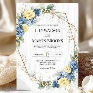 Dusty Blue and Yellow Floral Gold Frame Wedding  Invitation