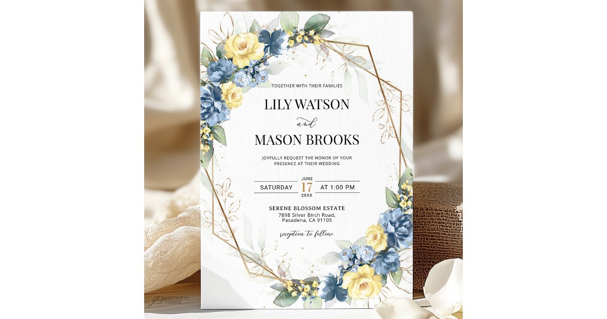 Dusty Blue and Yellow Floral Gold Frame Wedding Invitation | Zazzle