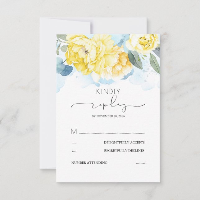 Dusty Blue and Yellow Flowers Wedding RSVP (Front)