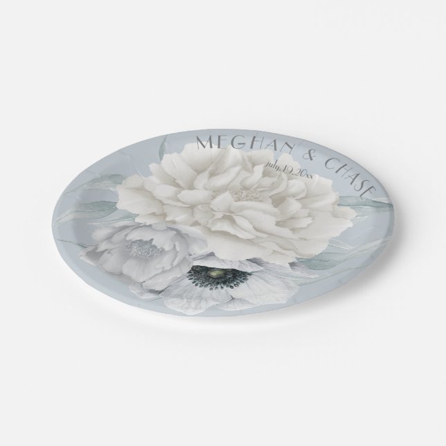 Dusty Blue Anemone Cream Peony Floral Paper Plate (Angled)