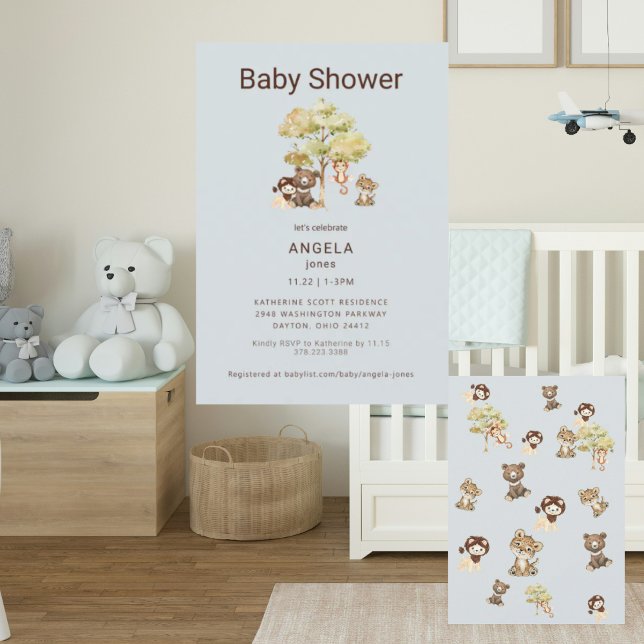 Dusty Blue Animals Boy Baby Shower Invitation (Creator Uploaded)