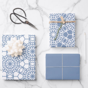 Dusty Blue Arabesque Geometric Pattern Wrapping Paper Sheet