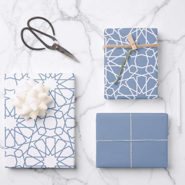 Dusty Blue Arabesque Pattern Gift Wrapping Paper (Front)