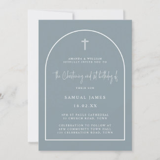 Dusty Blue Arch Minimalist Baptism & 1st Birthday Invitation