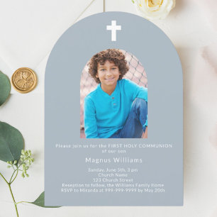 Dusty blue arch photo boy First Holy Communion  Invitation