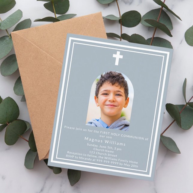 Dusty blue arch photo First Communion invitation (Creator Uploaded)