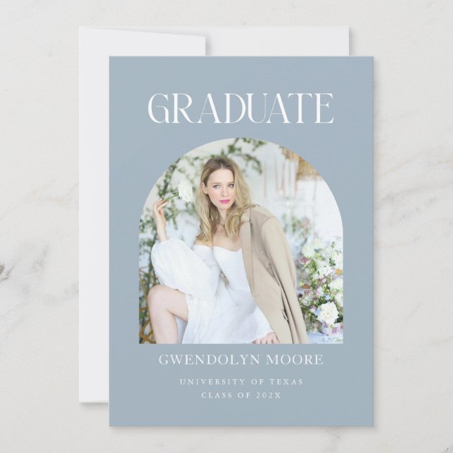 Dusty Blue Arch Photo Graduation Announcement Card (Front)