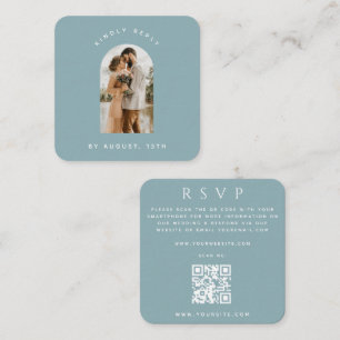 Dusty Blue Arch Photo QR Code Online Wedding RSVP Enclosure Card