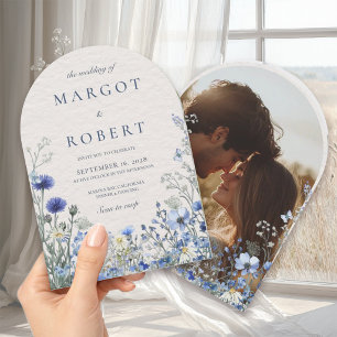 Dusty Blue Arch Wildflower Wedding Photo Invite