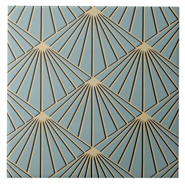 Dusty Blue Art Deco Fan Pattern Diamond Ceramic Tile (Front)
