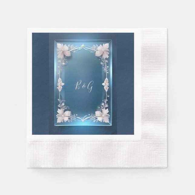 dusty blue art deco ornate frame wedding  napkin (Front)