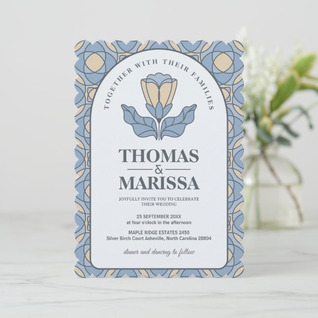 Dusty Blue Art Nouveau Wedding Invite with QR Code (Standing Front)