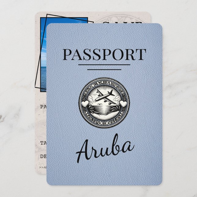 Dusty Blue Aruba Passport Save The Date (Front/Back)