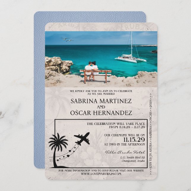Dusty Blue Aruba Passport Wedding Invitation (Front/Back)