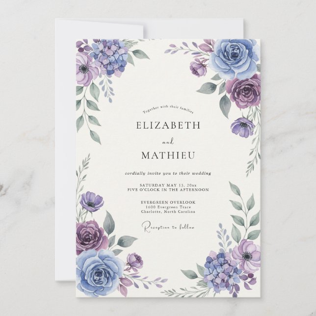 Dusty Blue Atmospheric Botanical Wedding Invitation (Front)
