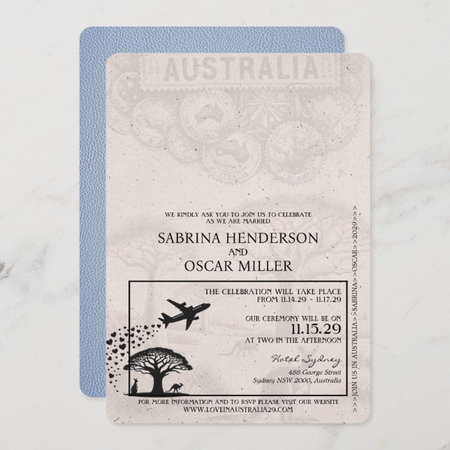 Dusty Blue Australia Passport Wedding Invitation (Front/Back)
