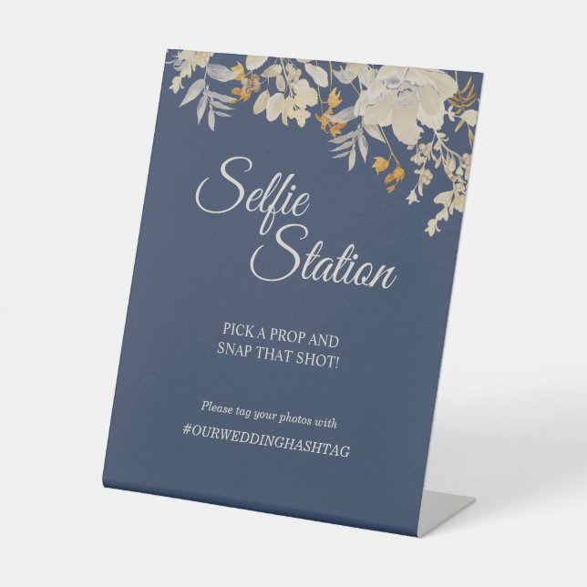 Dusty Blue Autumn Boho Wedding Selfie Station Pedestal Sign (Front)