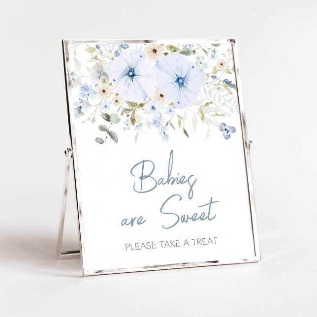 Dusty Blue Baby Bloom Baby Shower Babies are Sweet Poster (Boy Spring Flowers Baby Shower Babies are Sweet Sign)