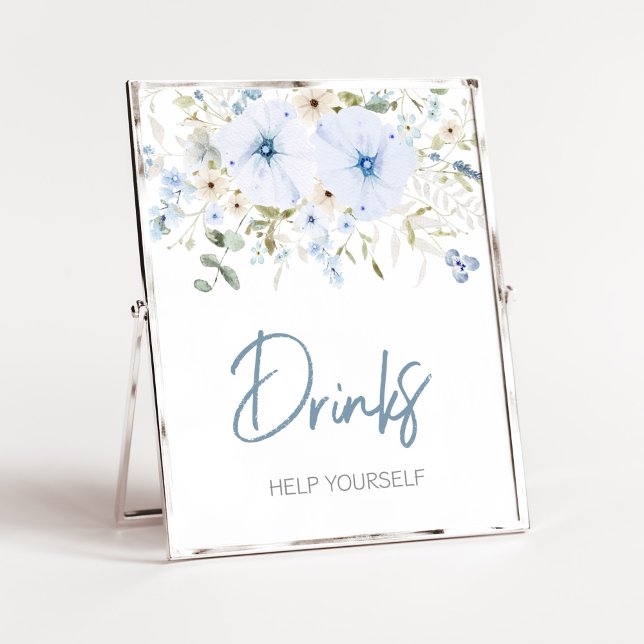 Dusty Blue Baby Bloom Baby Shower Drinks Poster (Boy Spring Flowers Baby Shower Drinks Sign)