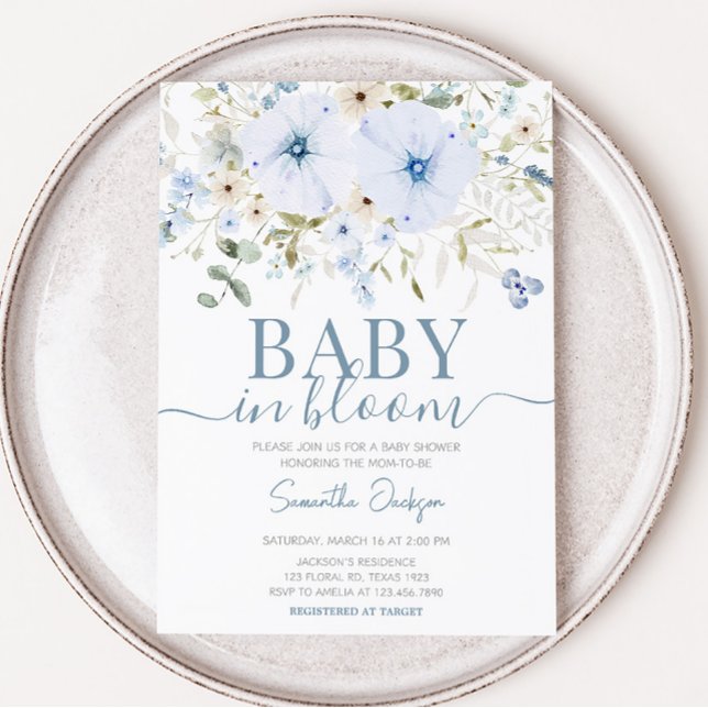 Dusty Blue Baby Bloom Baby Shower Invitation (Boy Spring Flowers Baby Shower Invitation)