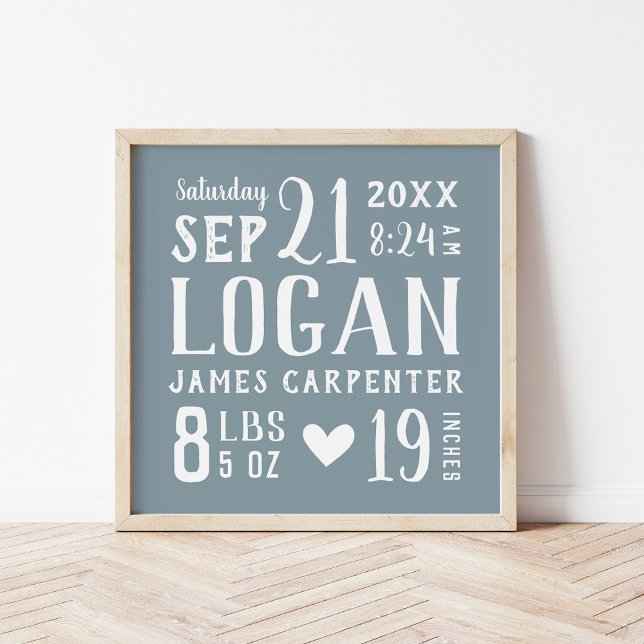 Dusty Blue Baby Boy Birth Stats Keepsake Poster (Creator Uploaded)