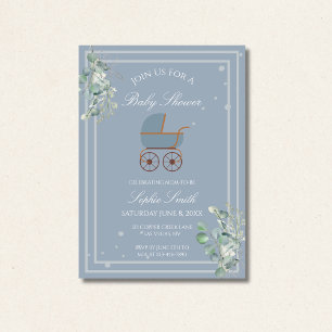 Dusty Blue Baby Carriage Baby Shower Invitation
