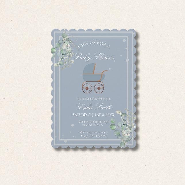 Dusty Blue Baby Carriage Baby Shower Scalloped Invitation (Creator Uploaded)