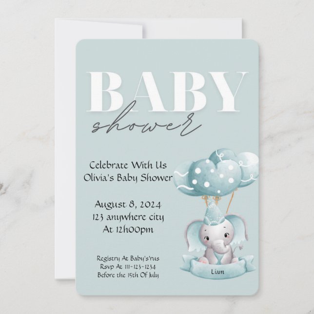 Dusty blue baby elephant baby shower invitation  (Front)