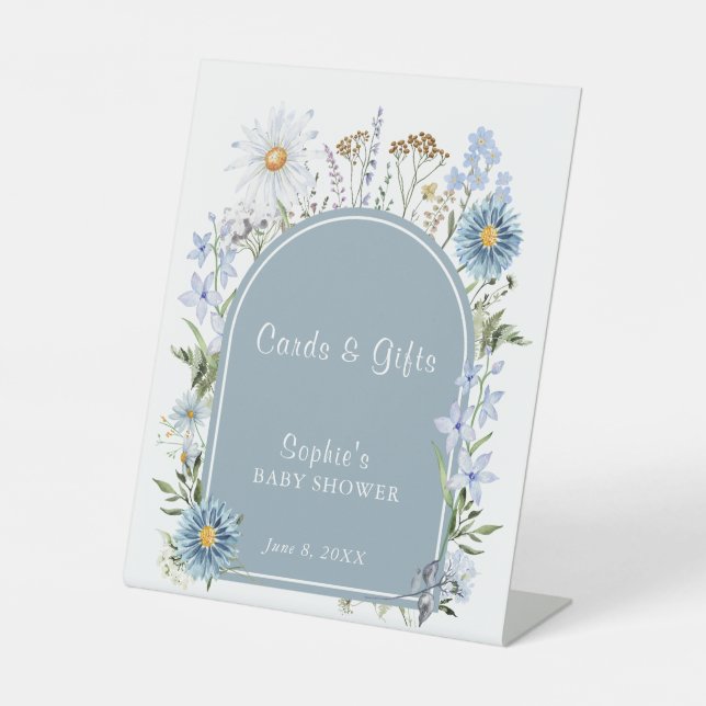 Dusty Blue Baby In Bloom Baby Shower Cards & Gift  Pedestal Sign (Front)