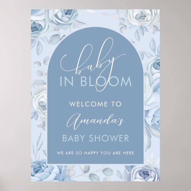Dusty Blue Baby In Bloom Baby Shower Welcome Poster (Front)